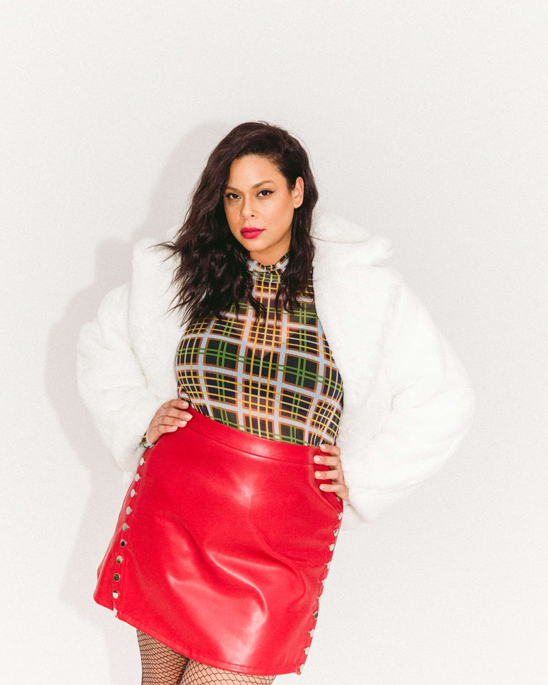 Front of a model wearing a size 2X Snap Front Mini Skirt in Red by Hilary MacMillan. | dia_product_style_image_id:233157
